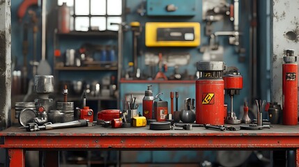 Fototapeta premium Rusty workbench with auto repair tools.