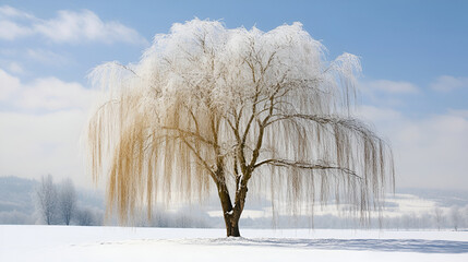 large birch tree is covered with frost and snow flakes after snowfall, sunlight shines through the branches, daytime, Lonely birch covered with a thick layer of frost