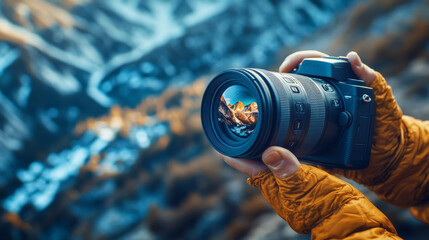 Naklejka premium Capturing stunning landscapes with camera, showcasing nature beauty. photographer hand holds camera, focusing on majestic mountains