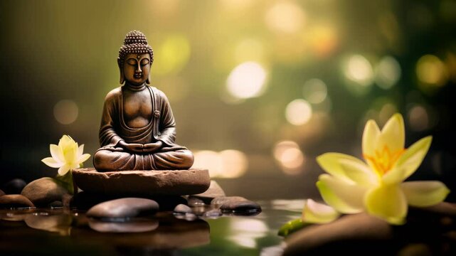 Zen garden spa, buddha statue lotus, tranquil water, relaxation wellness harmony, massage bodycare