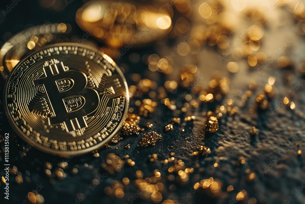 Poster bitcoin macro shot on black background illustrating blockchain technology mining.