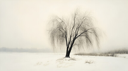 large birch tree is covered with frost and snow flakes after snowfall, sunlight shines through the branches, daytime, Lonely birch covered with a thick layer of frost