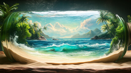 stunning beach scene captured inside glass bottle, featuring vibrant waves, lush palm trees, and serene sky. This artwork evokes sense of tranquility and escape