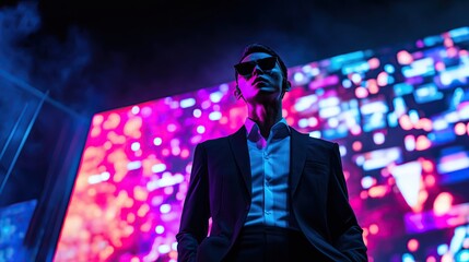 Charismatic man in front of LED screen at modern concert, futuristic vibe with neon lights, nightlife photography for urban events, print for National Concert Day