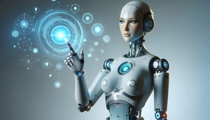AI Robot Background A female robot with a holographic interface on her arm, interacting with floating digital elements i1
