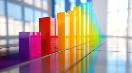 Close-up of a colorful 3D bar graph with varying heights on a sleek, reflective surface, showcasing growth and data visualization