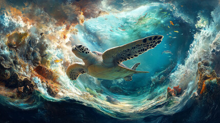 Obraz premium majestic sea turtle glides gracefully through vibrant coral reefs, surrounded by colorful fish and dynamic ocean waves, showcasing beauty of marine life