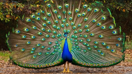 Male peacock displaying showing colorful tail feathersIn Saint Augustine