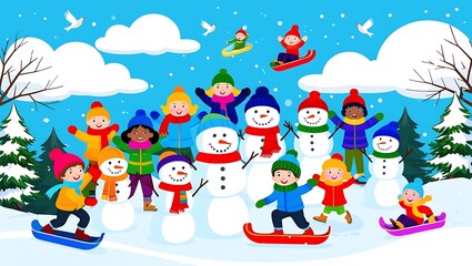 Fototapeta premium Children Building Snowmen and Playing in Winter Snow