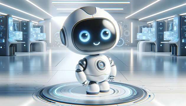 AI Robot Background A 3D, cartoon-like AI robot with a spherical head and playful expression, standing on a futuristic p3
