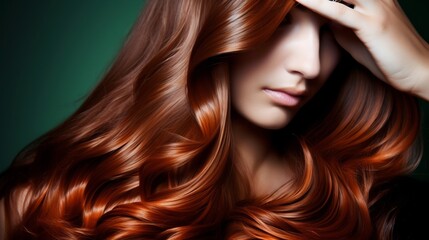 Naklejka premium Professional stylist dyeing and painting bold vibrant copper streaks and highlights into the wavy brunette hair of a female model for a glamorous hair makeover transformation