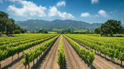 Lush vineyard landscape with rows of grapevines under blue sky