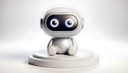 AI Robot Background A 3D cute AI robot with a round, squishy design, with big eyes and a small body, sitting on a white 2