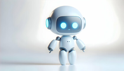 AI Robot Background A 3D cute AI robot with a rounded, soft design and glowing eyes, standing in a playful pose against 3