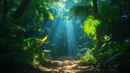 Sunbeams illuminate a jungle path. (2)