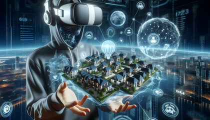 AI Robot Background A virtual reality headset wearer exploring properties in a fully AI-generated real estate marketplac2