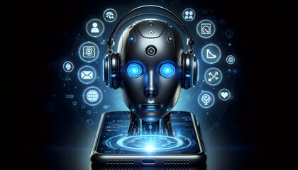 AI Robot Background A sleek humanoid robot emerging halfway from a smartphone screen, glowing blue eyes and headset, sur4