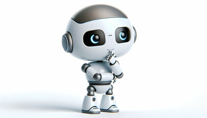 AI Robot Background A small, 3D robot with short limbs and a friendly face, posed in a thinking position, isolated on a 2