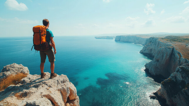 person stands on rocky cliff overlooking stunning ocean view, with backpack and sense of adventure. vibrant blue waters and dramatic coastline create breathtaking scene - Powered by Adobe