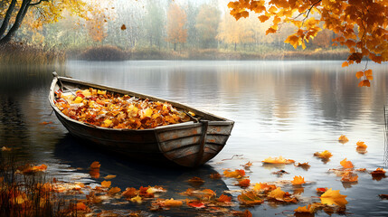 Boat on the lake with autumn leaves in foggy morning, Serene lake scene with vibrant autumn colors, Fishing boat on the lake in autumn forest with fallen leaves