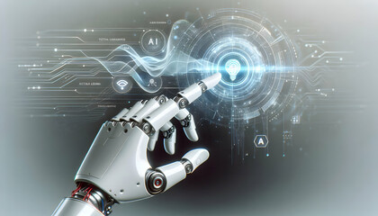 AI Robot Background A side view of a robotic hand in motion, interacting with a floating holographic digital interface r3