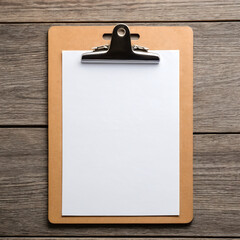 Blank paper on wood clipboard. Suitable for mockups, designs, office and businessrelated concepts, notetaking, and education visuals.