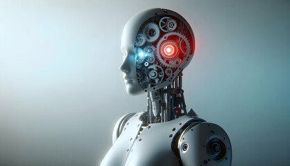 AI Robot Background A robotic figure standing in a minimalist space, with one side of its head glowing and the other sid3