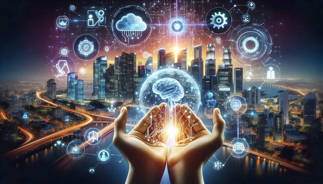 AI Robot Background A robotic hand gently cradling a glowing futuristic cityscape with holographic AI symbols floating a1