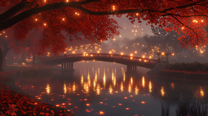 beautiful autumn atmosphere professional advertising photography, Forest of a maple and red bridge of colored leaves, Serene autumnal landscape with vibrant foliage in the countryside
