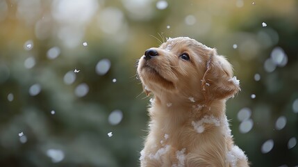 Curious Golden Retriever puppy enjoying snowy day, heartwarming winter photo for National Puppy Day or holiday cards