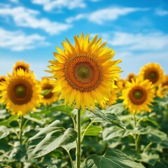 Fototapeta premium Bright Yellow Sunflower In A Field Under A Blue Sky