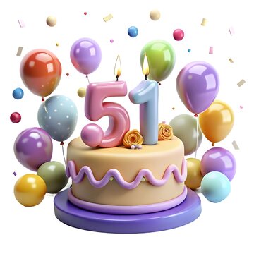 3D 51st Birthday Celeberation With Pastel Theme Cake And Ballooons On White Background