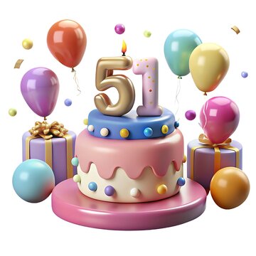 3D 51st Birthday Celeberation With Pastel Theme Cake And Ballooons On White Background