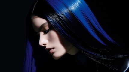 Stunning Sleek Straight Hairstyle with Glossy Jet Black and Electric Blue Streaks for a Modern Fashionable and Captivating Look