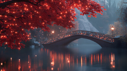 beautiful autumn atmosphere professional advertising photography, Forest of a maple and red bridge of colored leaves, Serene autumnal landscape with vibrant foliage in the countryside