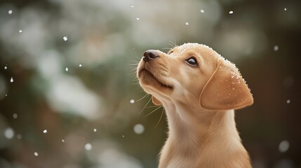 Labrador puppy looking up at falling snowflakes, serene winter moment for National Puppy Day or holiday-themed designs