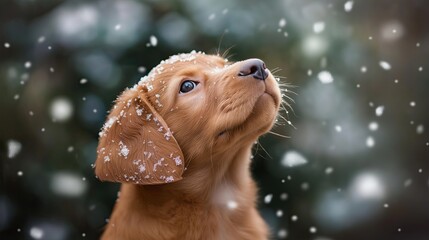 Puppy experiencing snow, looking up with wonder, soft snowflakes falling around, capturing winter joy, print for National Puppy Day