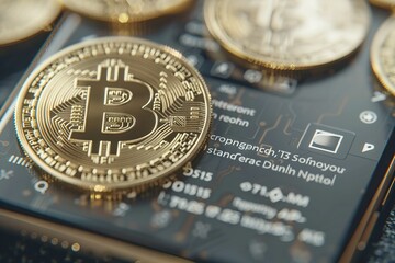 Bitcoin gold coin and encrypted money with QR code concept.