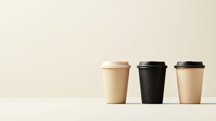 Eco friendly coffee cups in various colors and sizes on neutral background