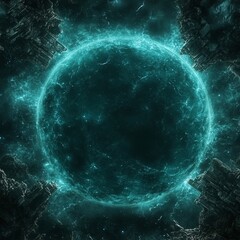 Obraz premium Glowing teal sphere in cosmic space.