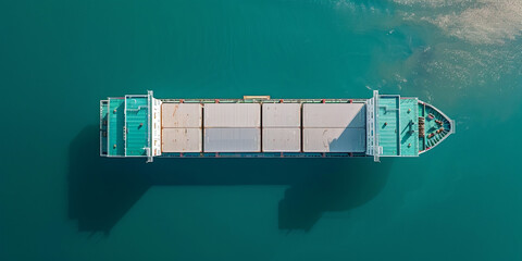 Aerial view of a large cargo ship in clear blue waters.