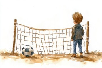 A young boy gazes at a soccer net and ball, evoking dreams of play and sportsmanship.