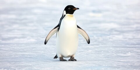 Fototapeta premium A solitary penguin stands on icy terrain, showcasing its distinctive black and white plumage against a frozen backdrop.