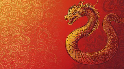 Fototapeta premium The Year of the Snake, A red dragon with gold accents is on a red background