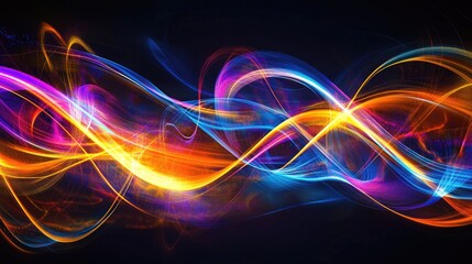 Dynamic wave lines in neon colors on a dark background, forming an abstract graphic pattern that represents motion and energy