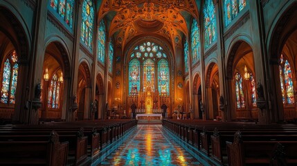 Fototapeta premium A beautifully lit interior of a historic cathedral featuring stained glass windows and ornate architecture, creating a serene and reflective atmosphere.
