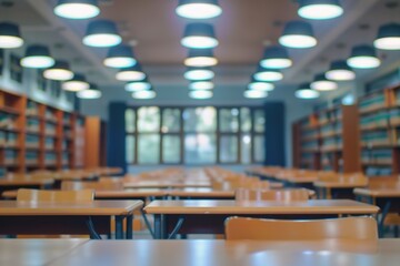 Fototapeta premium Blurry college library interior for educational concepts.