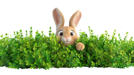 Whimsical Rabbit Hiding Behind a Bush in a Colorful 3D Cartoon Style