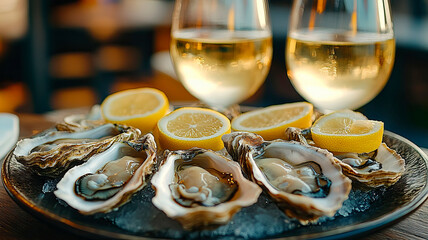 Fototapeta premium Fresh oysters on a plate with white wine and lemon slices.