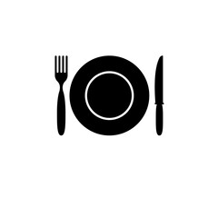 Kitchen Cutlery, Plate Fork and Knife Solid Flat Vector Icon Isolated on White Background.
